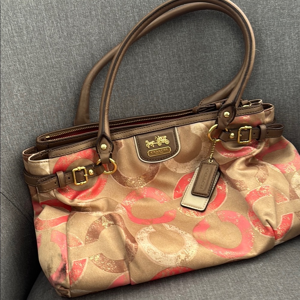 Coach Brown and Pink Signature Shoulder Bag